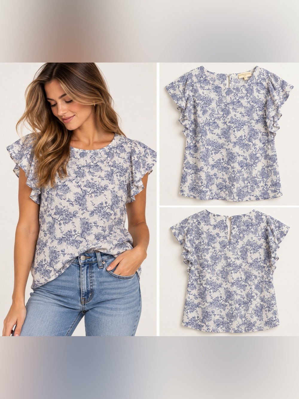 Cynthia Rowley Blue Floral Linen Blend Ruffle Sleeve Top M